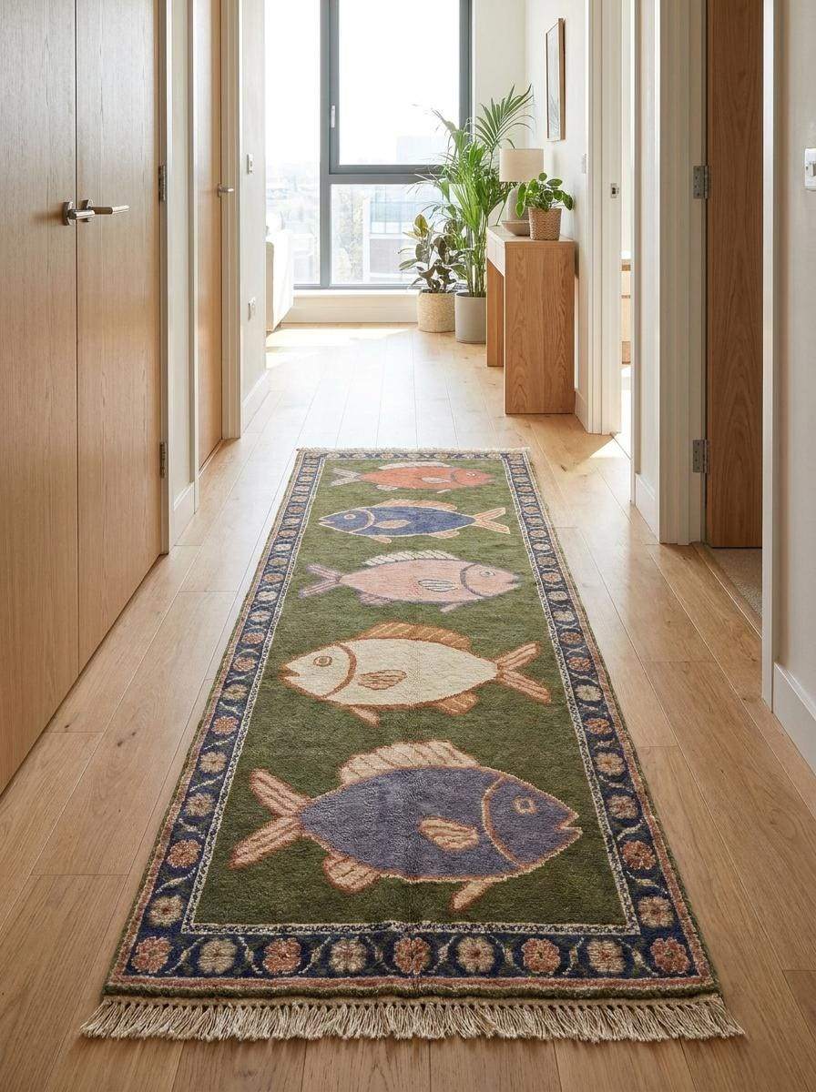 Hand knotted fish runner rug with coastal nautical fish motifs and floral border in olive green and navy blue colors