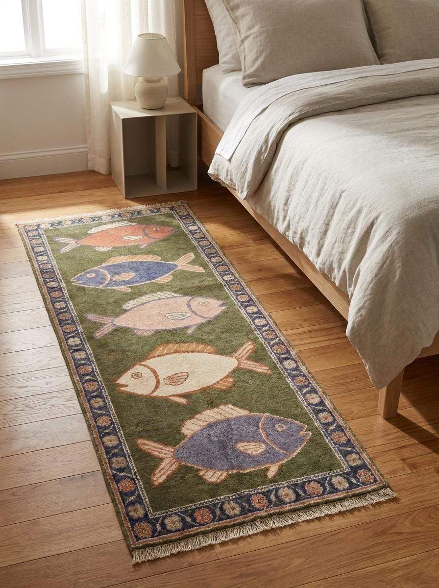 Hand knotted fish runner rug with coastal nautical fish motifs and floral border in olive green and navy blue wool