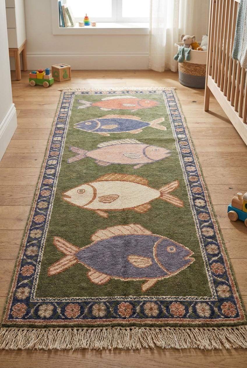 Hand knotted fish runner rug with nautical fish motifs and floral border in coastal hallway setting