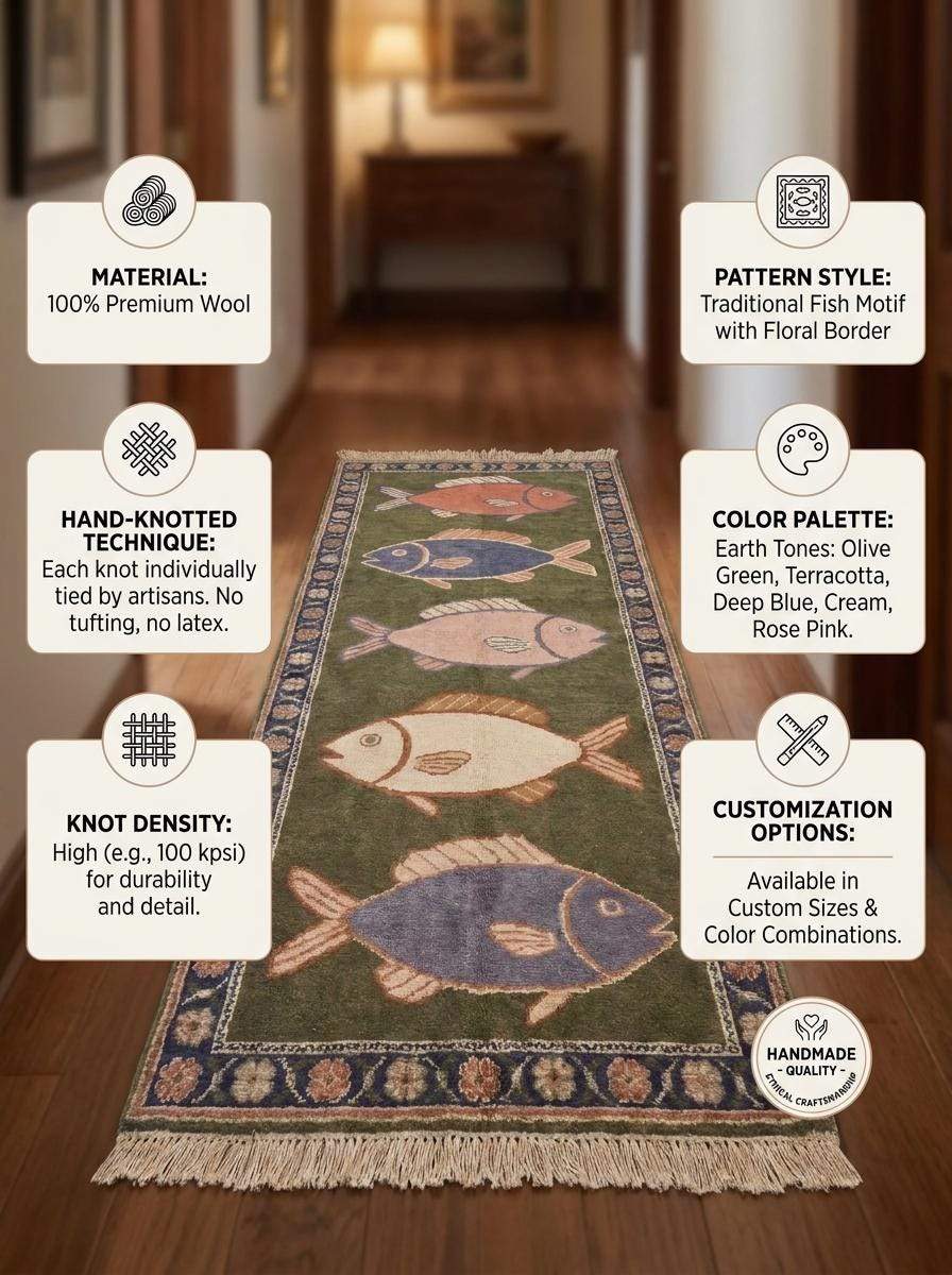 Hand knotted fish runner rug with coastal fish design and floral border in olive green and navy blue colors, wool material for hallway and beach house decor