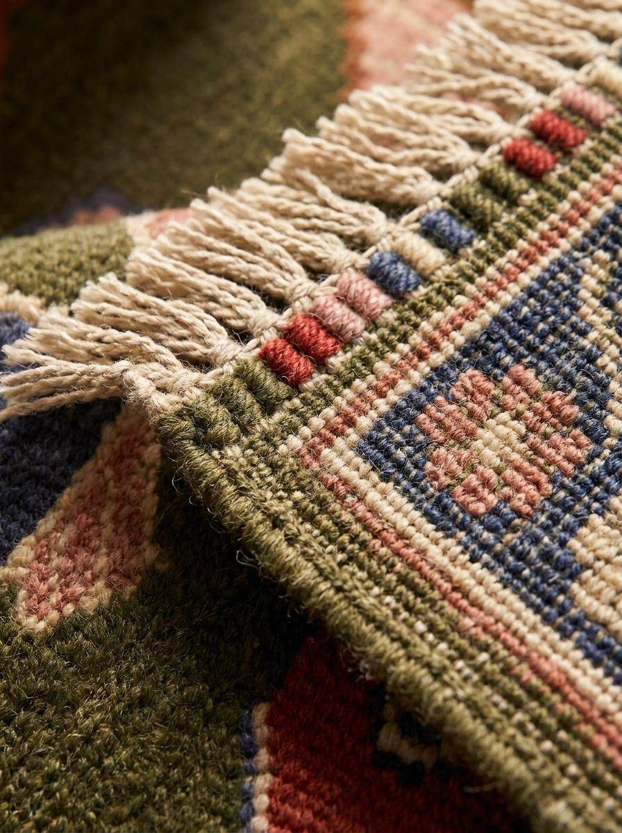 Close-up view of hand knotted wool fibers showing low pile texture, detailed fish pattern, artisan craftsmanship, and durable cotton foundation construction. __etsy:8077253178