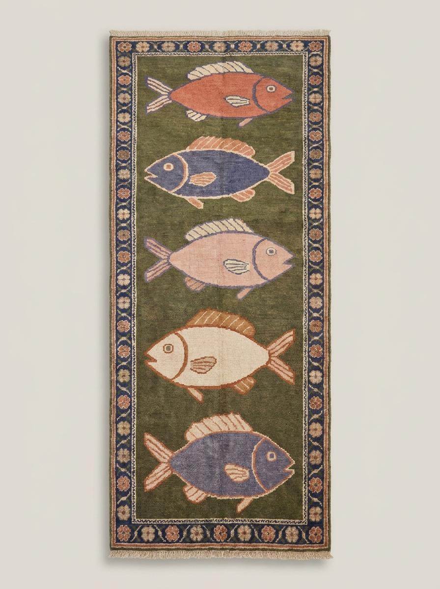 Coastal themed handmade runner rug with whimsical fish designs, ideal for beach house hallways, cottage interiors, and nautical home decor. __etsy:8125173443