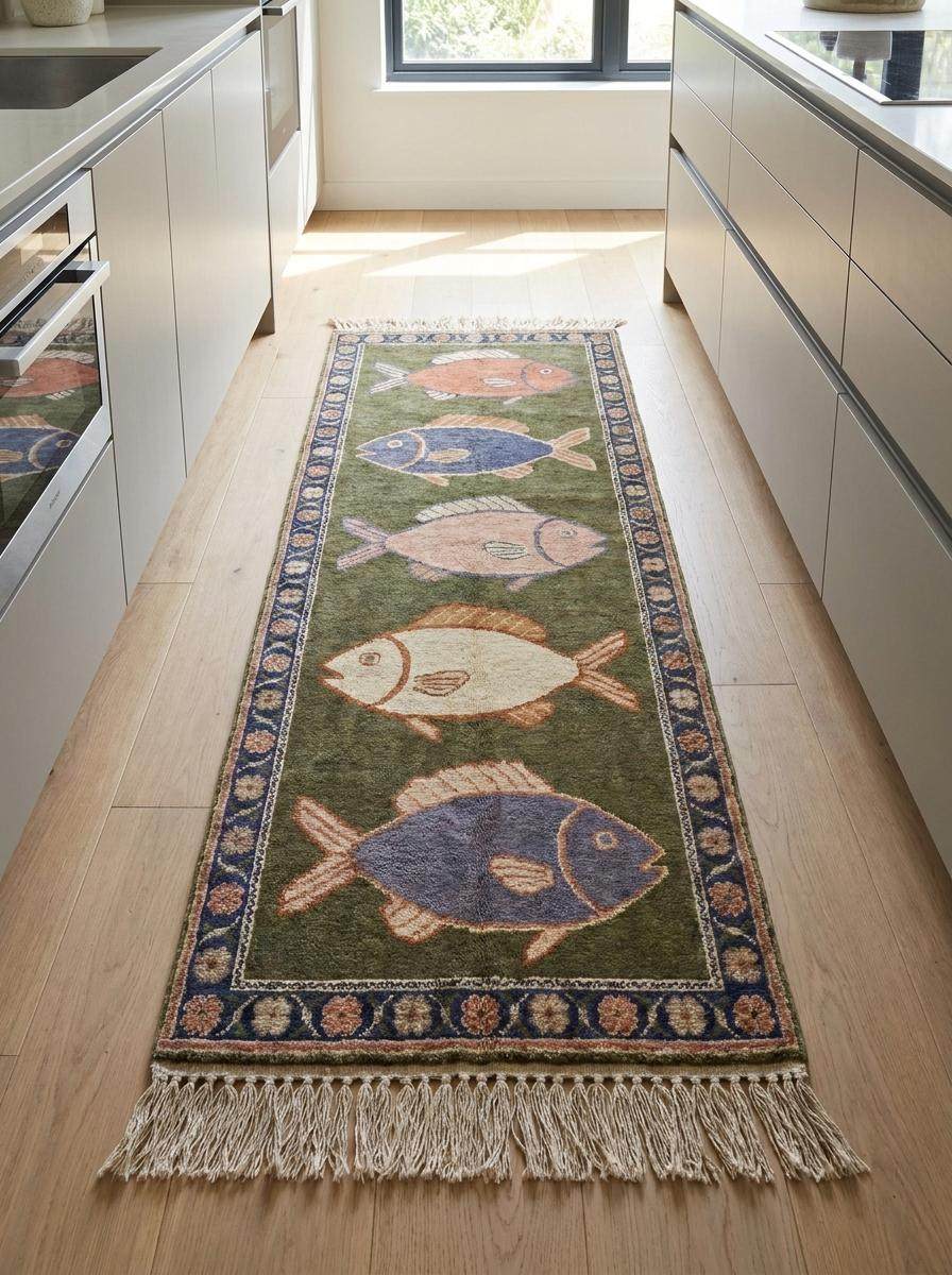 Traditional hand knotted wool carpet featuring navy floral border and multicolored fish artwork inspired by ocean and seaside living. __etsy:8125173461
