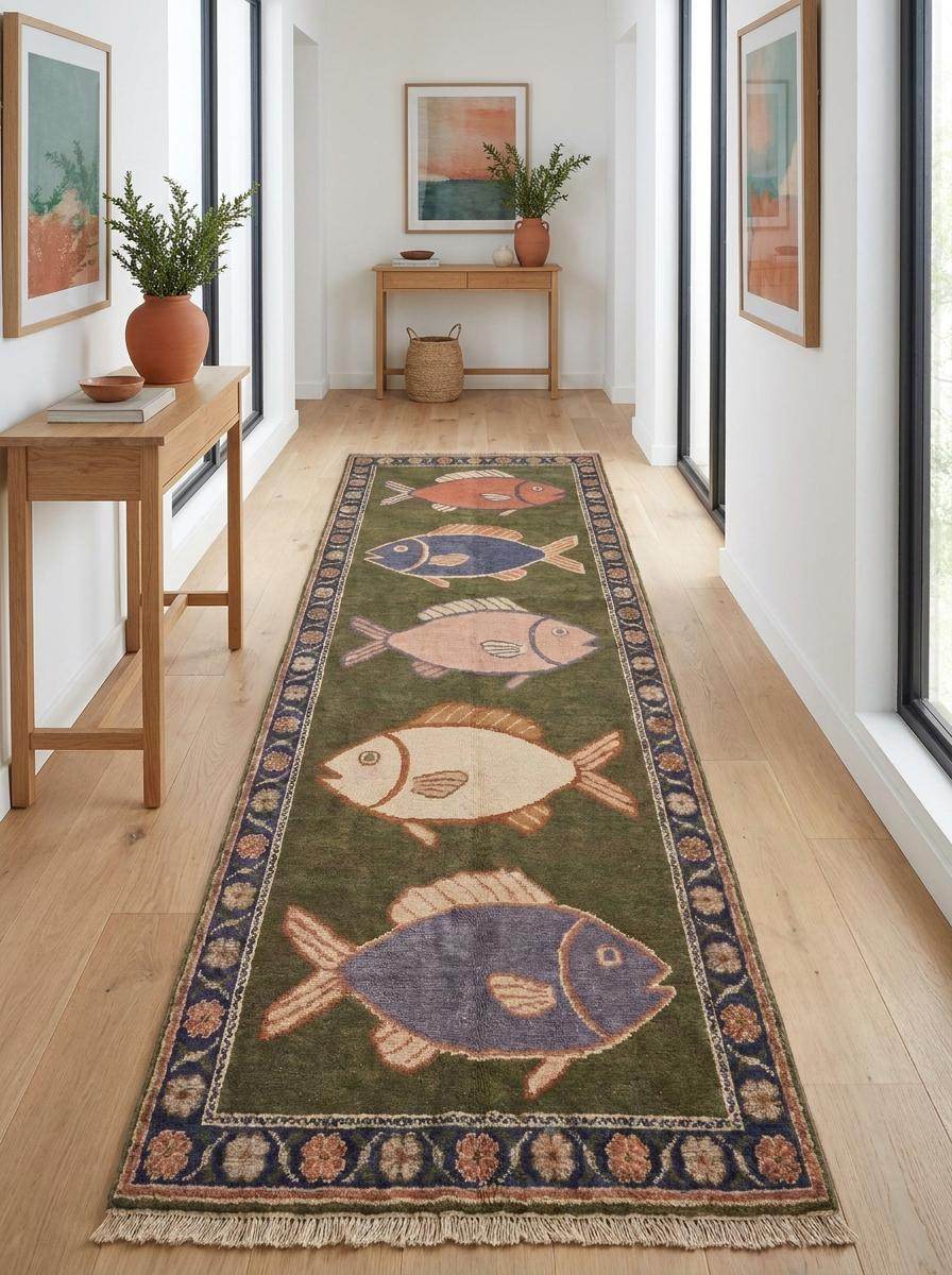 Beach house runner rug with olive green background and artisan fish motifs adding character and warmth to entryways and kitchen spaces. __etsy:8077253122
