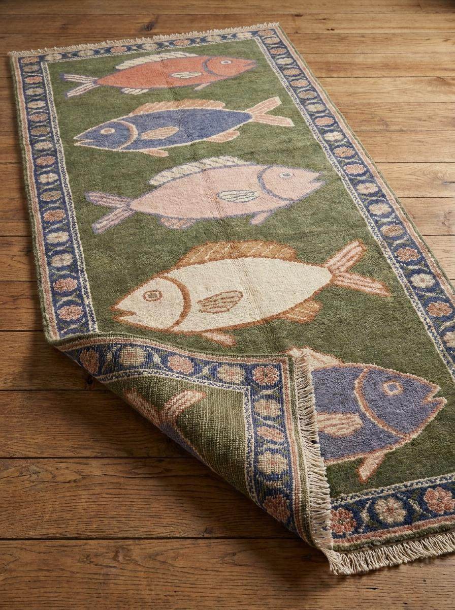 Hand Knotted Fish Runner Rug, Coastal Hallway Carpet, Wool Nautical Area Rug, Beach House Decor __etsy:8077253188