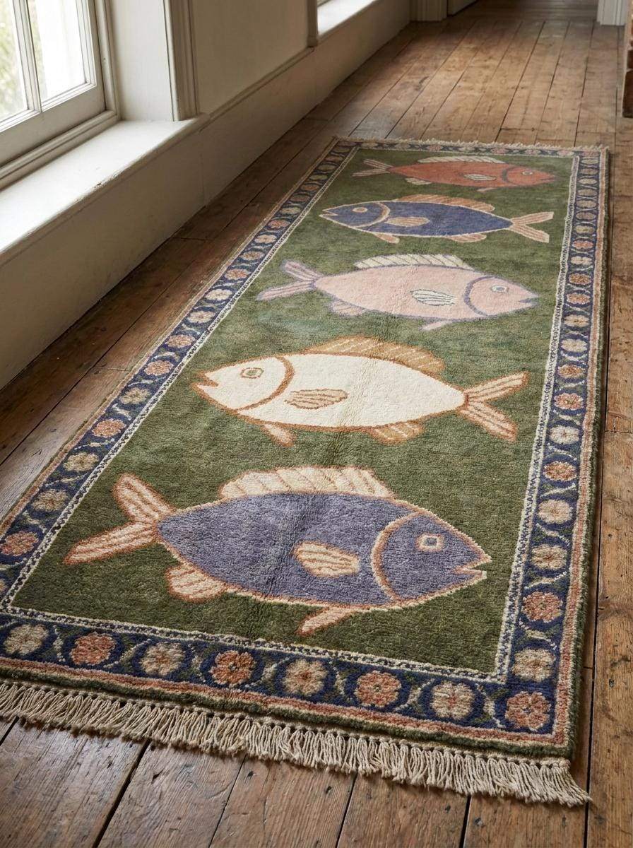 Hand knotted fish runner rug with coastal nautical fish motifs and floral border in olive green and navy blue colors