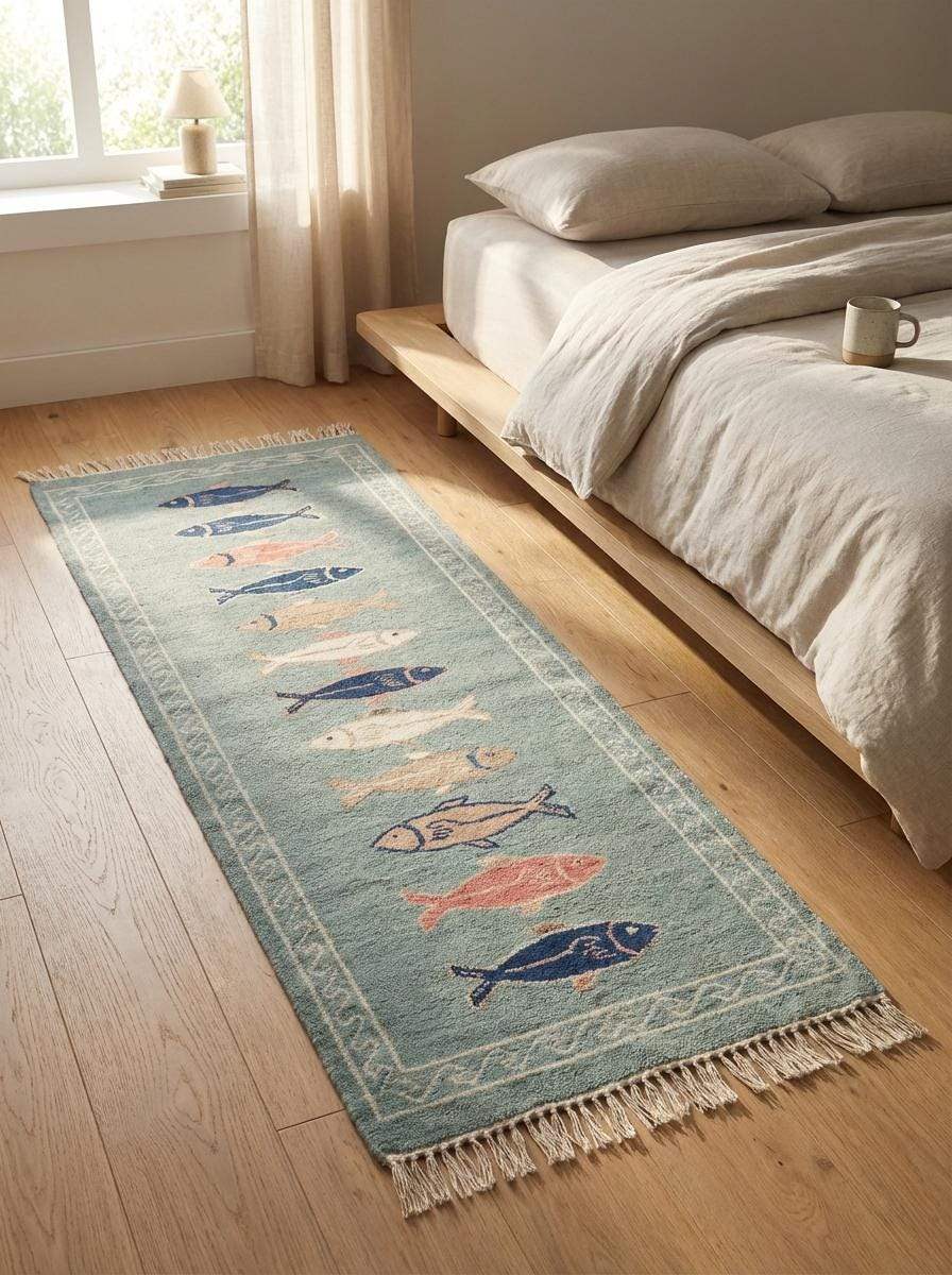 Hand Knotted Fish Runner Rug Coastal Wool Carpet Nautical Kitchen Hallway Handmade Area Rug Sea Green __etsy:7924469603