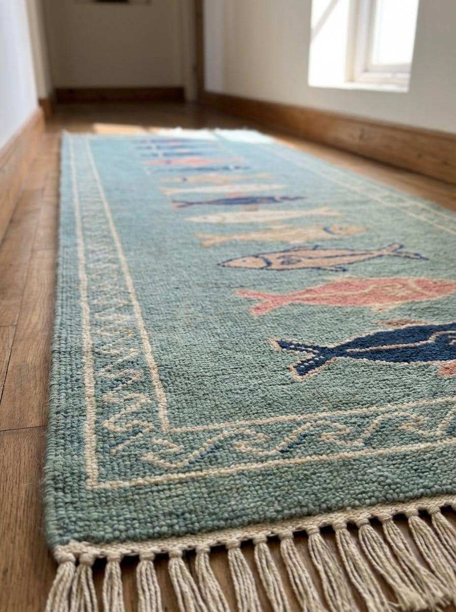 Hand Knotted Fish Runner Rug Coastal Wool Carpet Nautical Kitchen Hallway Handmade Area Rug Sea Green __etsy:7924469595