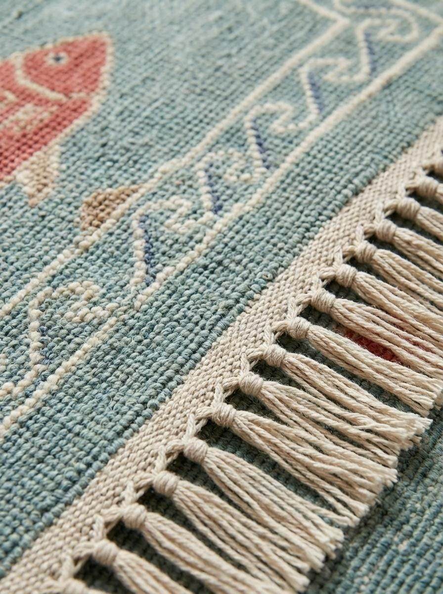 Hand Knotted Fish Runner Rug Coastal Wool Carpet Nautical Kitchen Hallway Handmade Area Rug Sea Green __etsy:7876508898