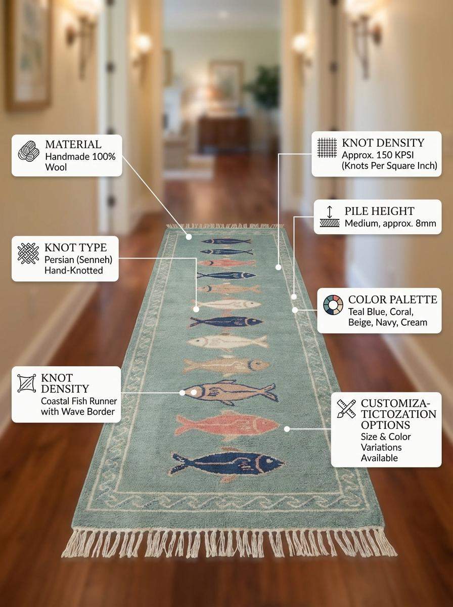 Hand Knotted Fish Runner Rug Coastal Wool Carpet Nautical Kitchen Hallway Handmade Area Rug Sea Green __etsy:7876508904