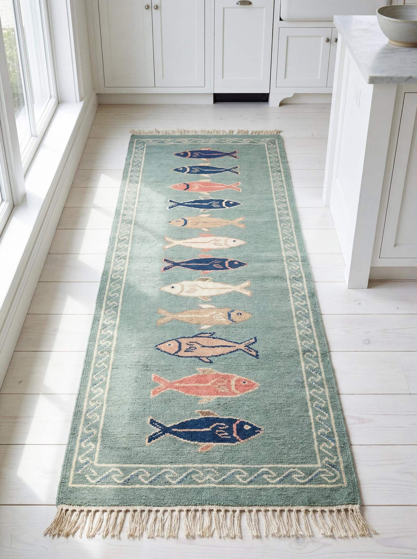 Hand knotted fish runner rug in sea green wool with colorful fish motifs for coastal kitchen and hallway décor __etsy:7924469541