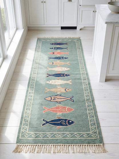 Hand knotted fish runner rug in sea green wool with colorful fish motifs for coastal kitchen and hallway décor __etsy:7924469541