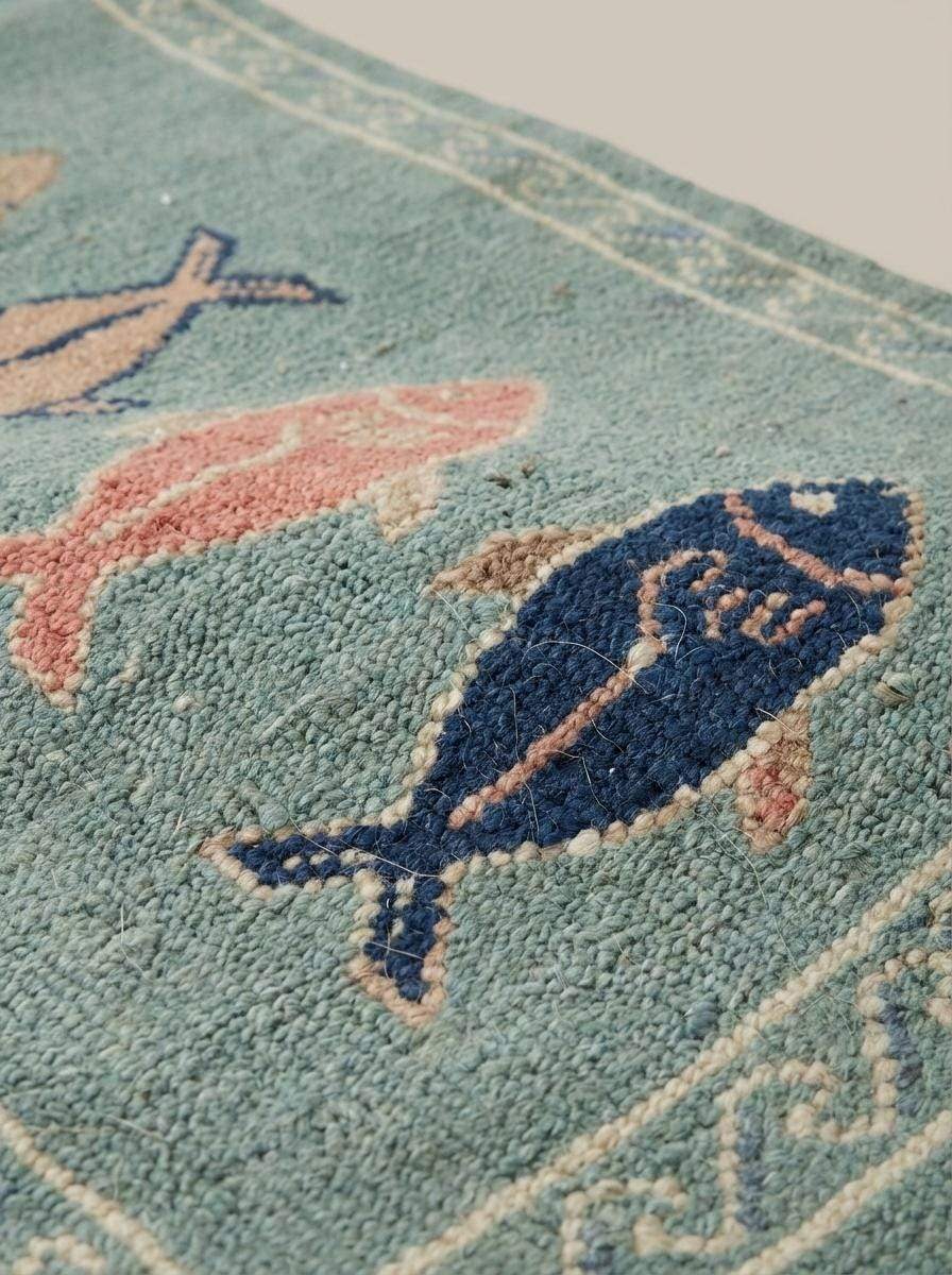 Close-up of hand knotted wool rug showing dense knot structure, soft pile texture, and detailed fish pattern craftsmanship __etsy:7924469615