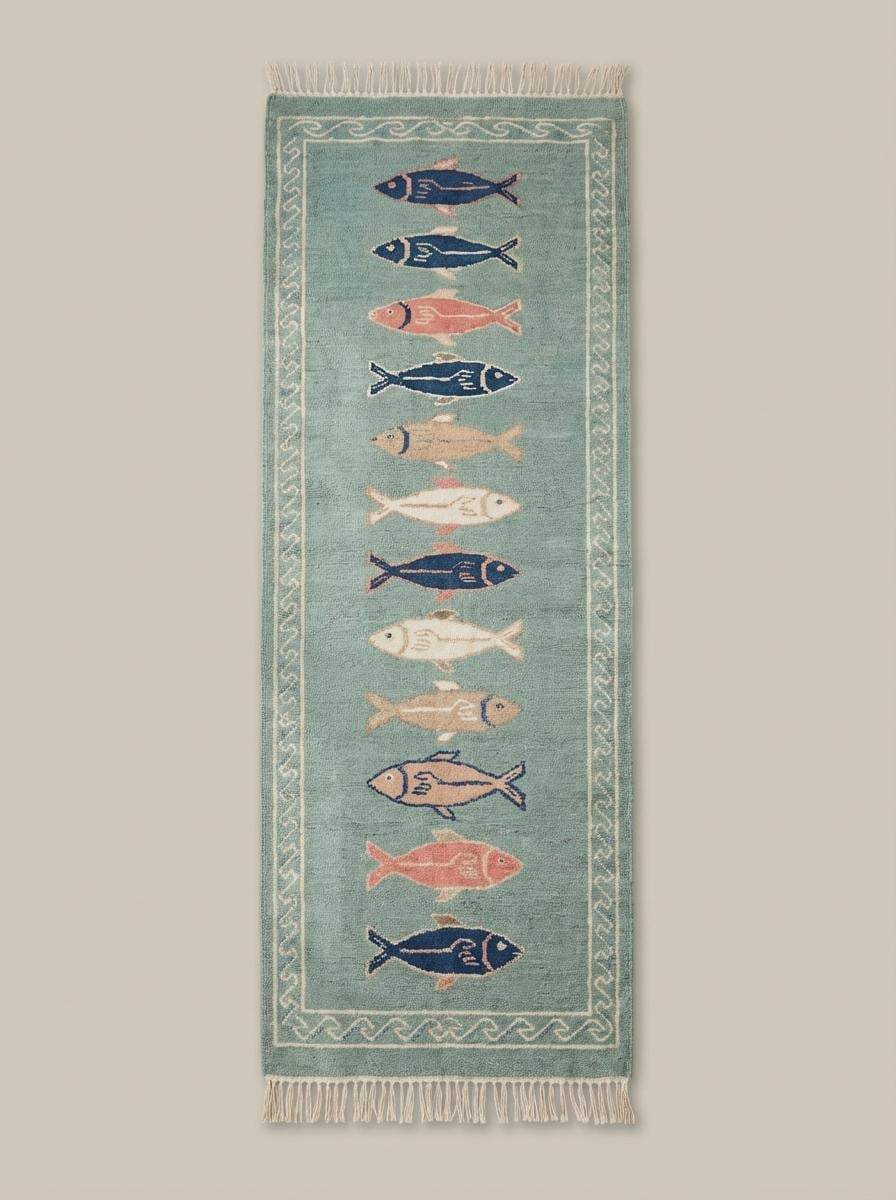 Coastal wool runner rug with fish design placed in bright kitchen space with white flooring and natural light __etsy:7876508872