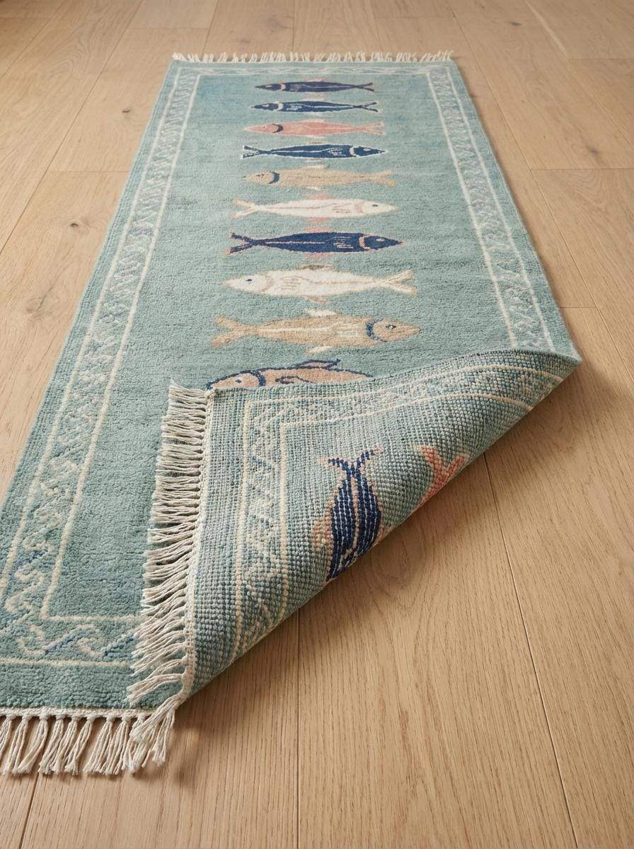Hand Knotted Fish Runner Rug Coastal Wool Carpet Nautical Kitchen Hallway Handmade Area Rug Sea Green __etsy:7876508932