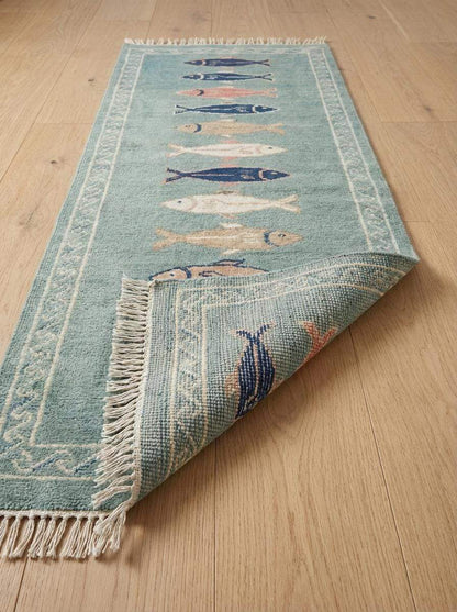 Hand Knotted Fish Runner Rug Coastal Wool Carpet Nautical Kitchen Hallway Handmade Area Rug Sea Green __etsy:7876508932