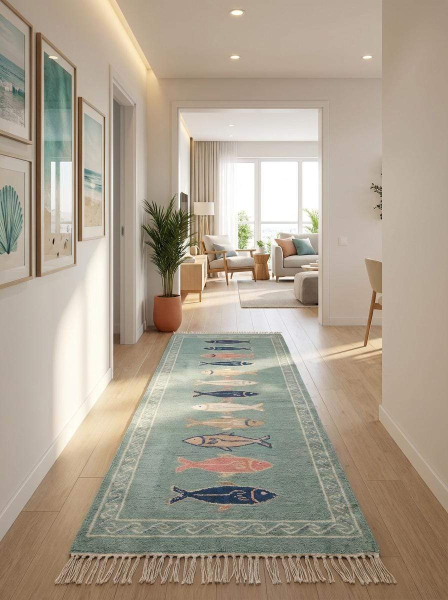 Long hallway runner rug hand knotted wool with decorative fish border and fringe edges __etsy:7924469599