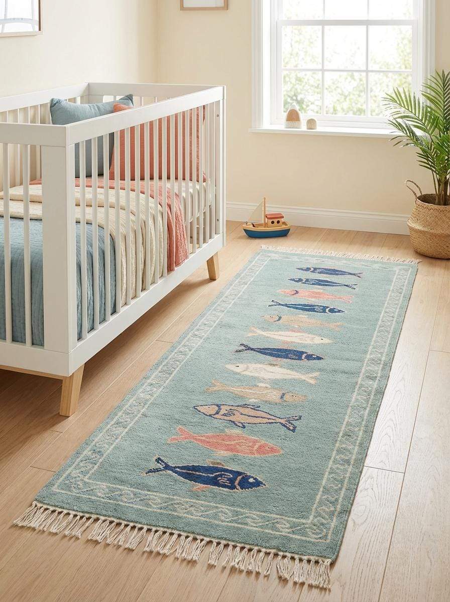Hand Knotted Fish Runner Rug Coastal Wool Carpet Nautical Kitchen Hallway Handmade Area Rug Sea Green __etsy:7924469605
