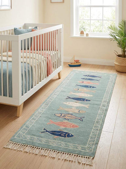 Hand Knotted Fish Runner Rug Coastal Wool Carpet Nautical Kitchen Hallway Handmade Area Rug Sea Green __etsy:7924469605