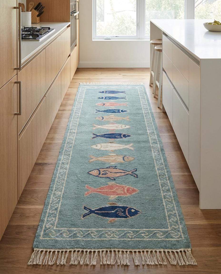 Artisan wool carpet runner featuring marine fish motifs ideal for kitchen, entryway, or coastal home styling __etsy:7876508886