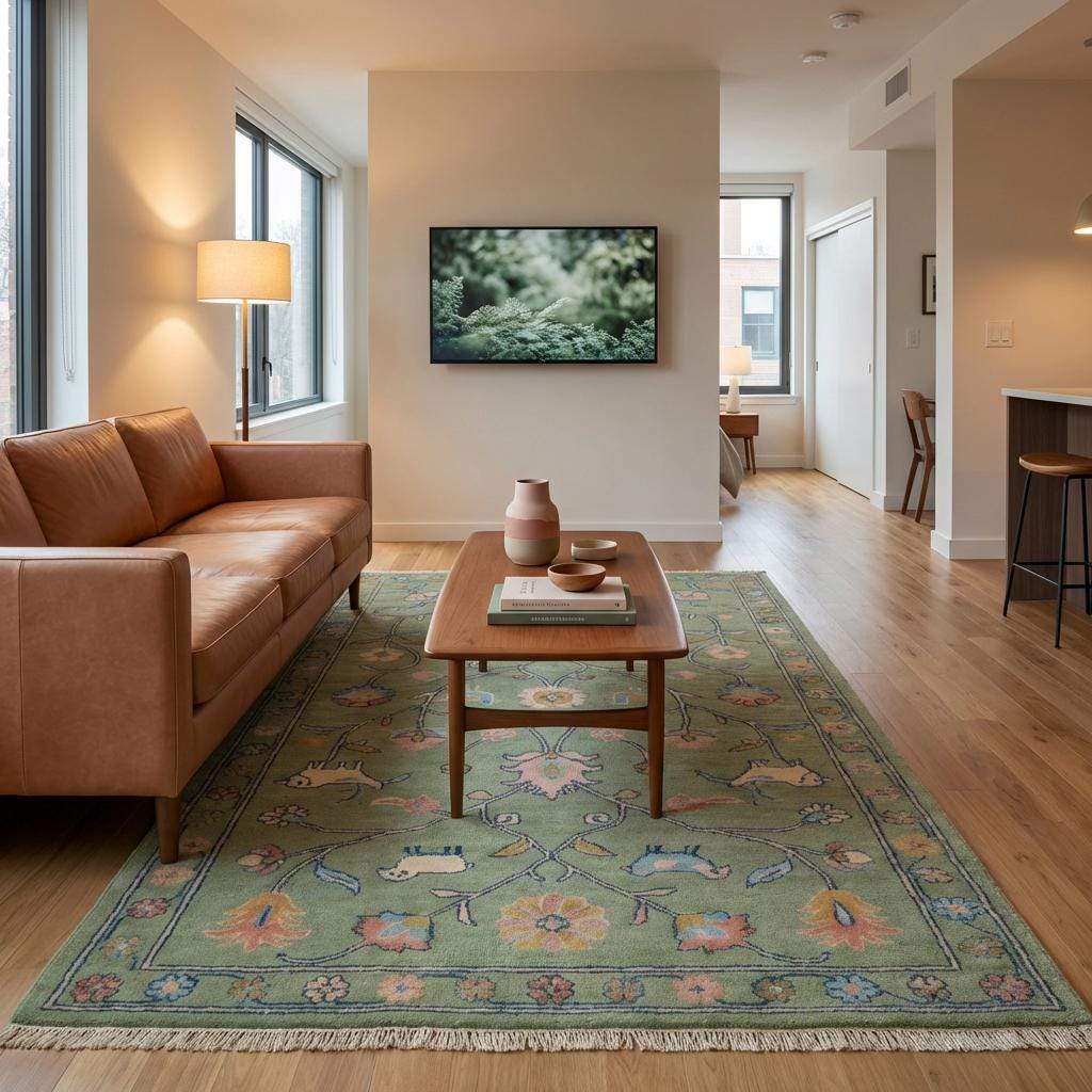 Hand Knotted Floral Animal Area Rug Sage Green Traditional Living Room