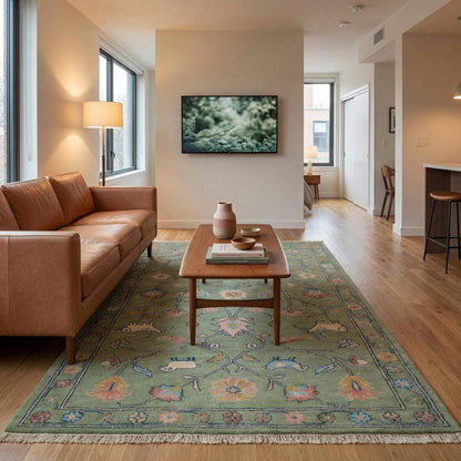 Hand Knotted Floral Animal Area Rug Sage Green Traditional Living Room