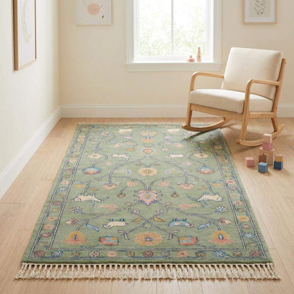 Hand Knotted Floral Animal Area Rug Sage Green Traditional Living Room