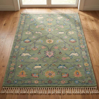 Hand Knotted Floral Animal Area Rug Sage Green Traditional Living Room