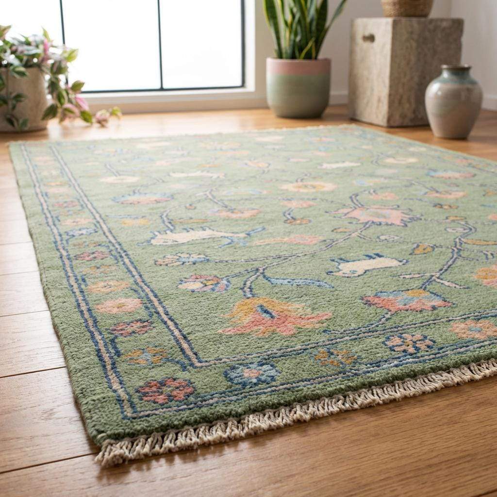 Hand Knotted Floral Animal Area Rug Sage Green Traditional Living Room