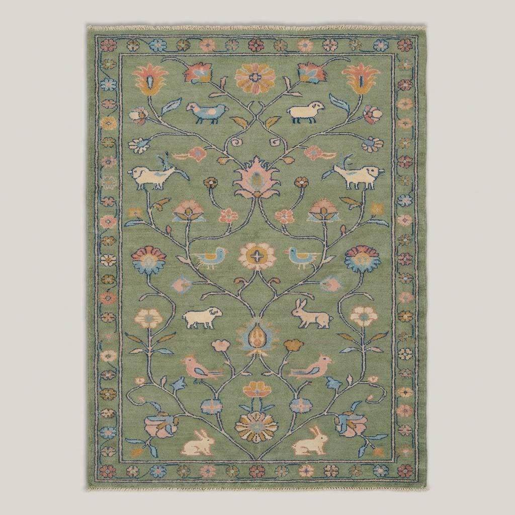 Hand Knotted Floral Animal Area Rug Sage Green Traditional Living Room