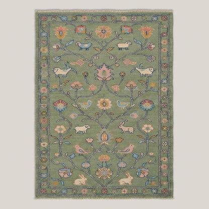 Hand Knotted Floral Animal Area Rug Sage Green Traditional Living Room