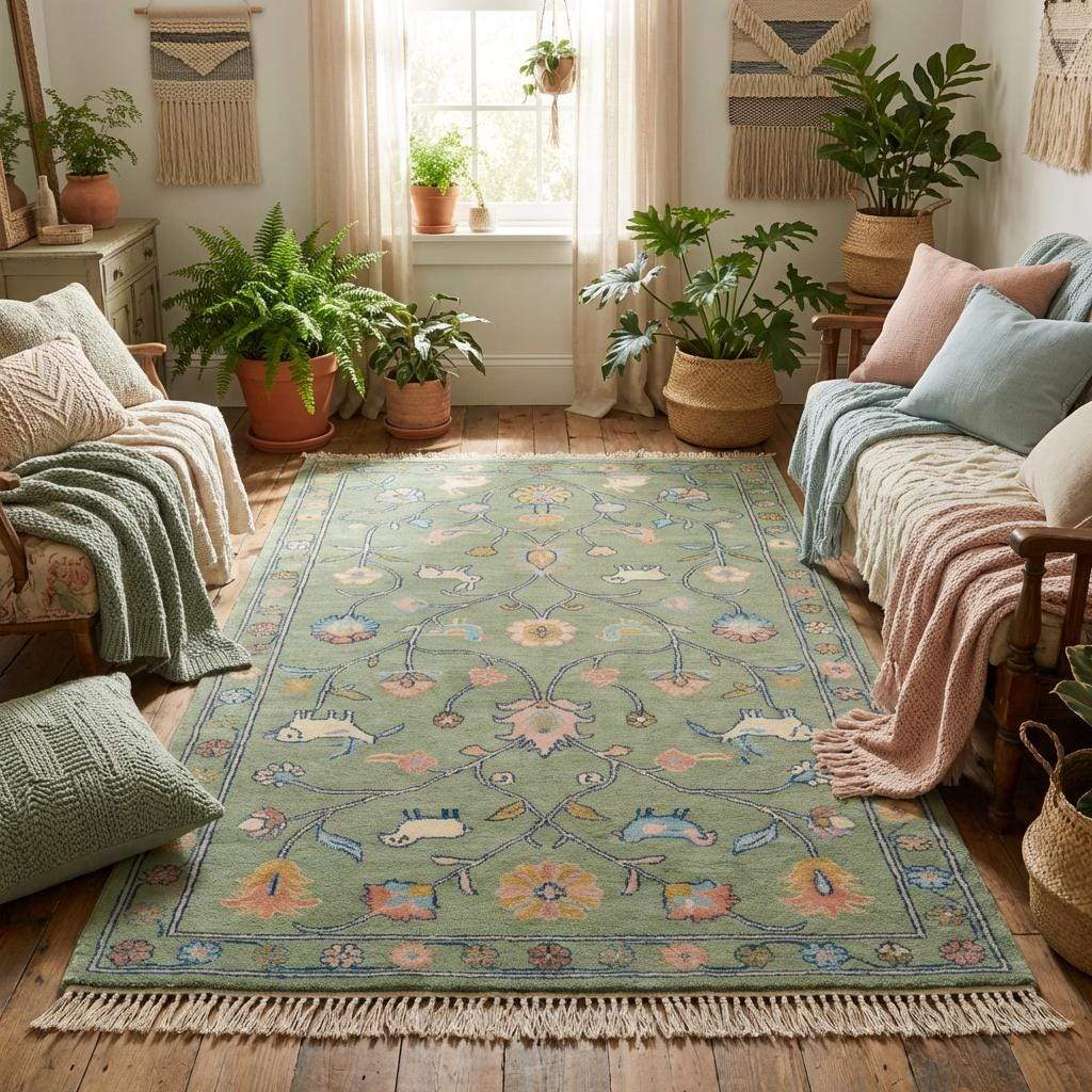 Hand Knotted Floral Animal Area Rug Sage Green Traditional Living Room