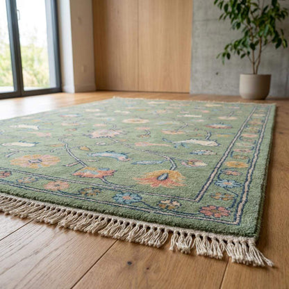Hand Knotted Floral Animal Area Rug Sage Green Traditional Living Room