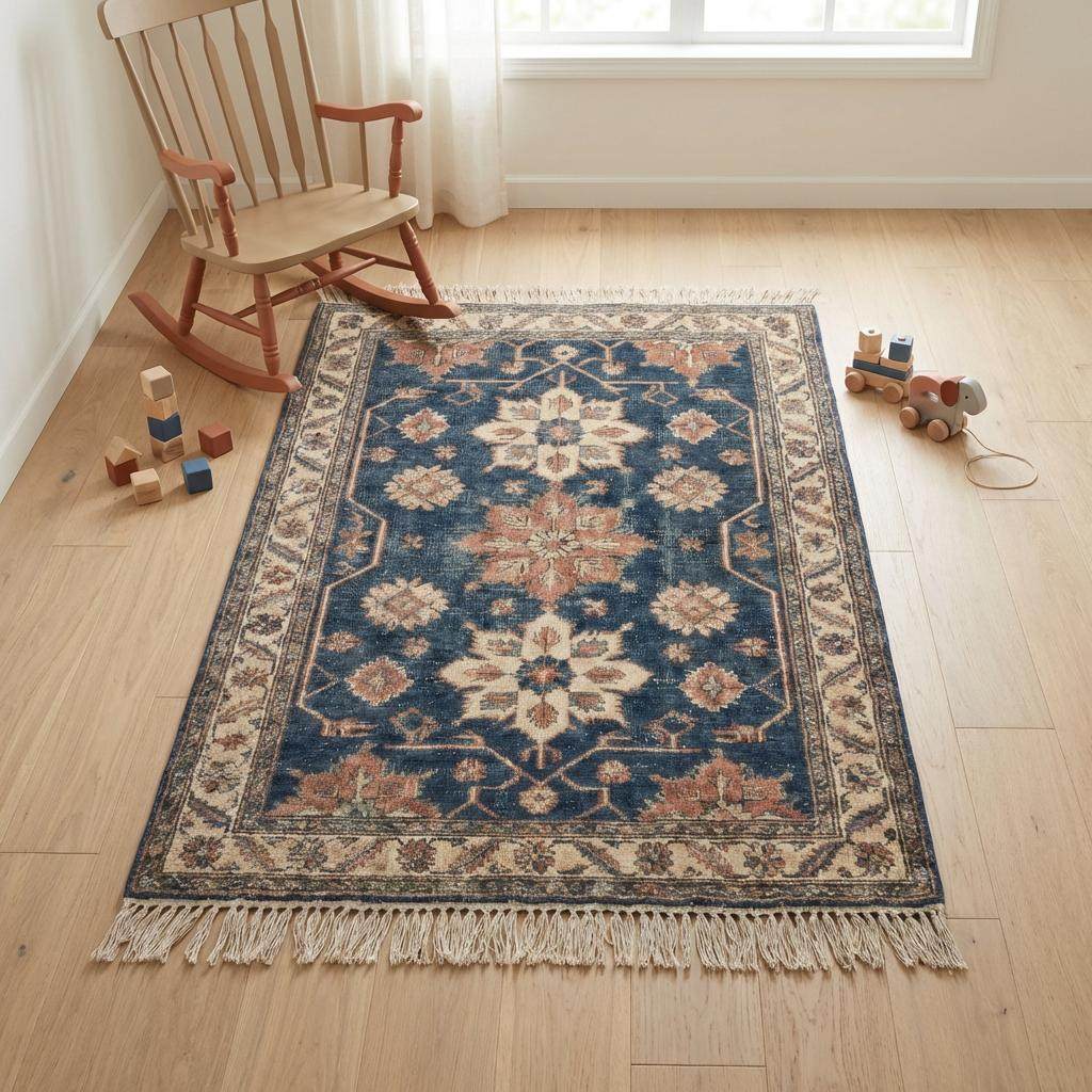 Hand Knotted Floral Oushak Rug Blue Vintage Carpet Living Room Wool Area Rug Traditional Indo-Persian Style __etsy:7711778445