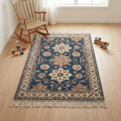 Hand Knotted Floral Oushak Rug Blue Vintage Carpet Living Room Wool Area Rug Traditional Indo-Persian Style __etsy:7711778445
