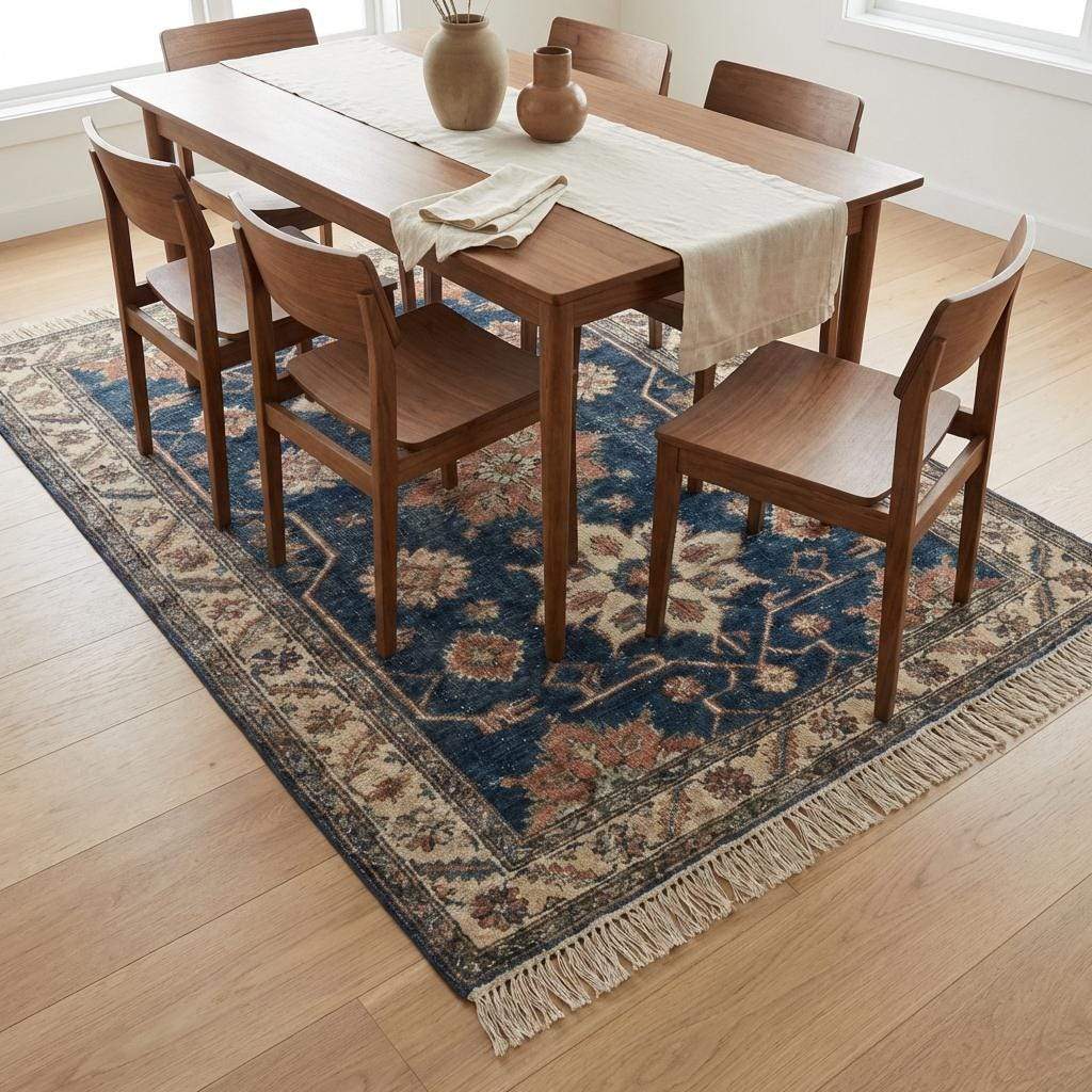 Hand knotted blue Oushak rug with floral motifs in vintage wool design