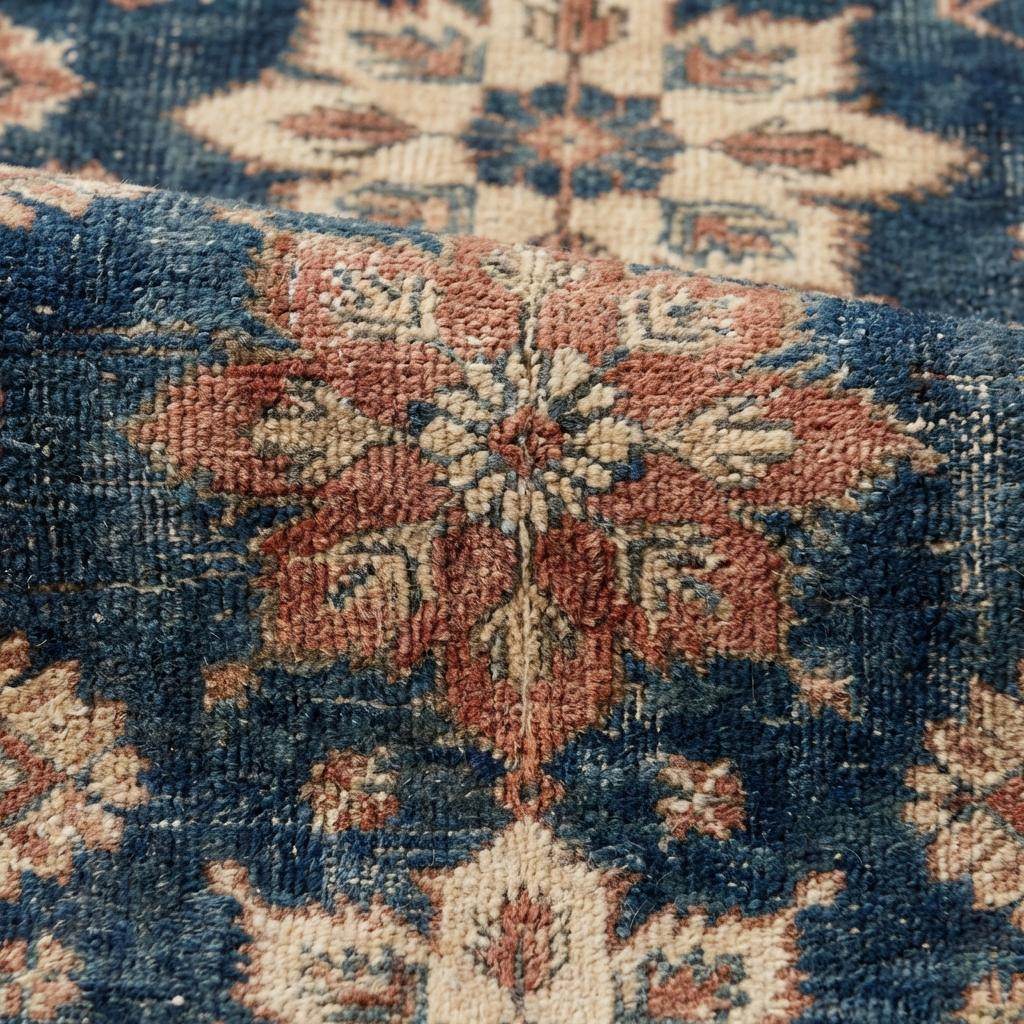 Close up of hand knotted wool rug showing dense knot structure, natural wool fibers, and floral detailing __etsy:7663824442