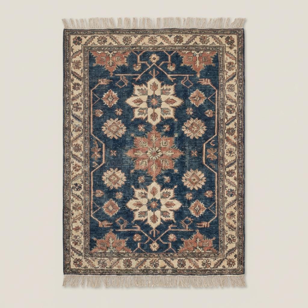 Hand knotted blue floral Oushak rug wool vintage traditional Indo-Persian style carpet