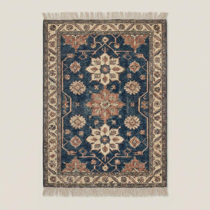 Hand knotted blue floral Oushak rug wool vintage traditional Indo-Persian style carpet