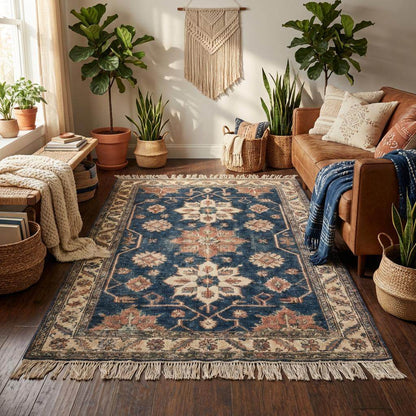 Oushak style hand knotted area rug with classic medallion design and handmade fringe __etsy:7711778441