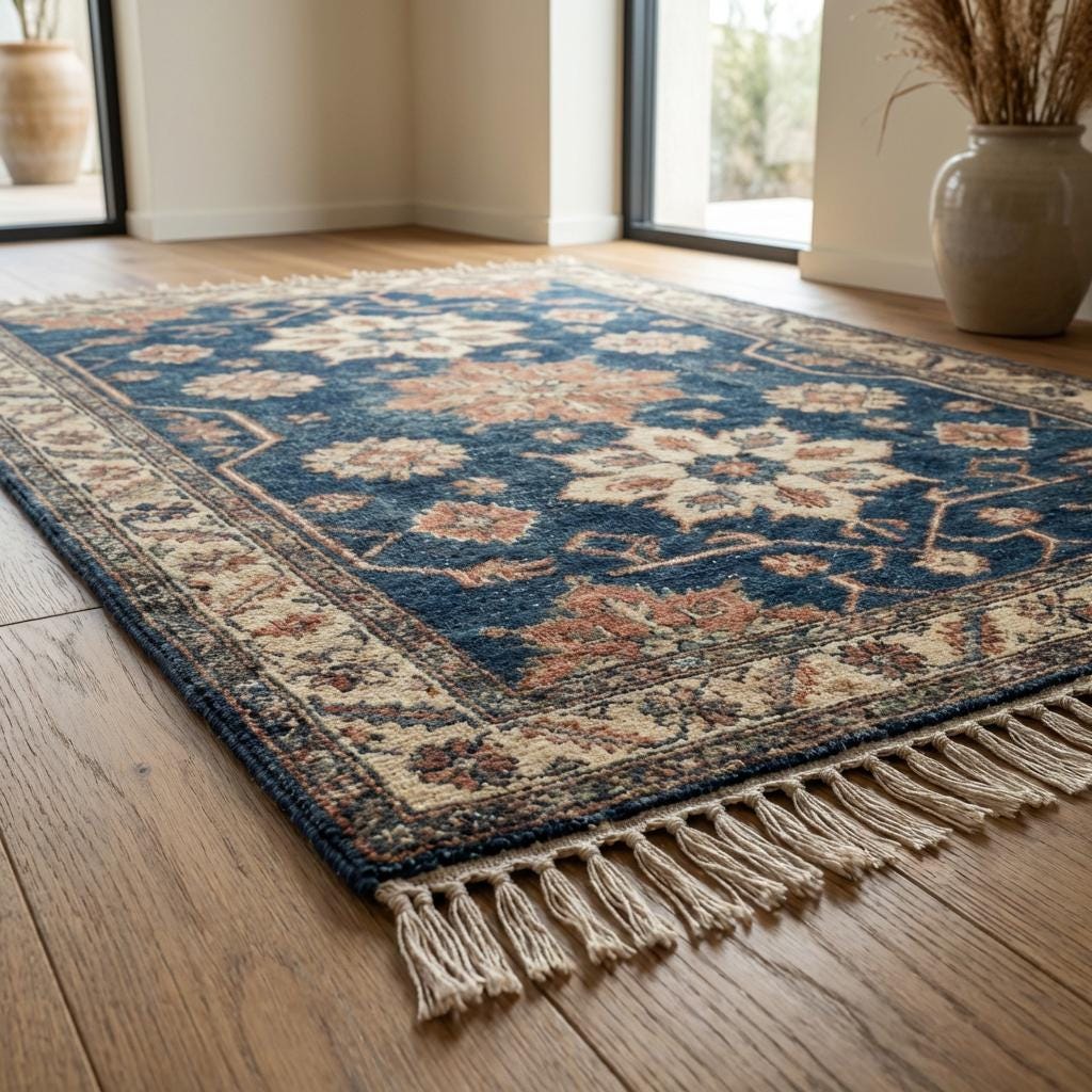 Blue hand knotted Oushak rug with vintage floral design in wool for living room