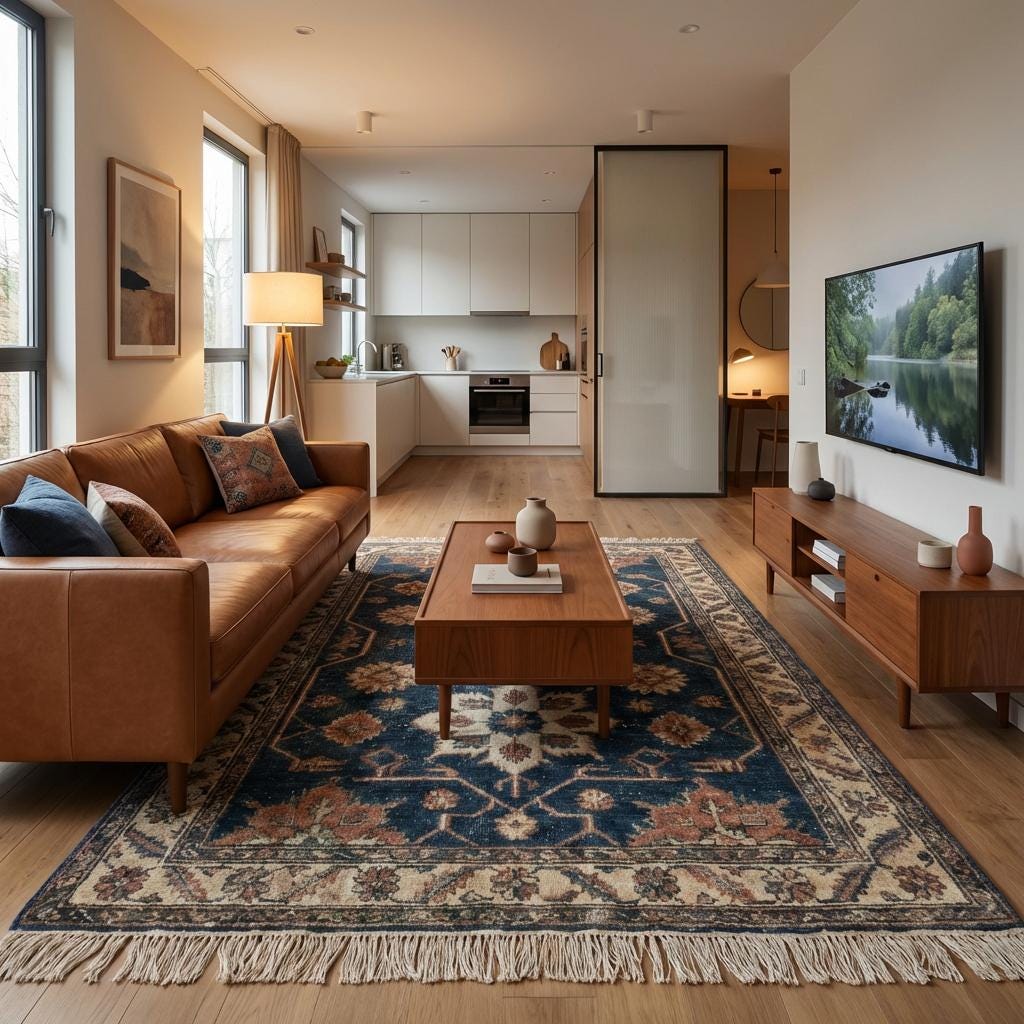Hand knotted Oushak rug with blue floral vintage design in wool for living room