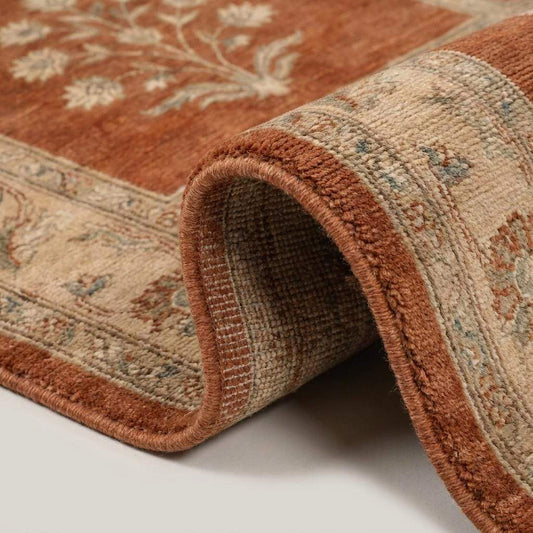 Close-up of hand knotted wool rug texture showing dense knot structure, soft wool fibers, and detailed floral weaving craftsmanship __etsy:7922320700