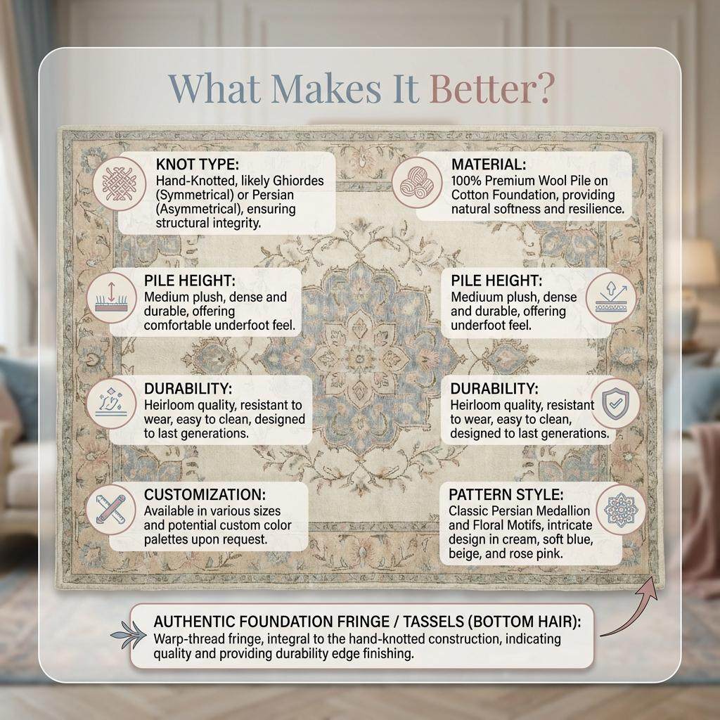 Hand Knotted Floral Wool Area Rug, Ivory Persian Style Home Decor