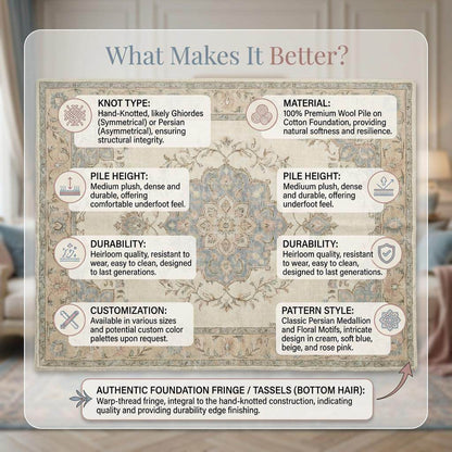 Hand Knotted Floral Wool Area Rug, Ivory Persian Style Home Decor
