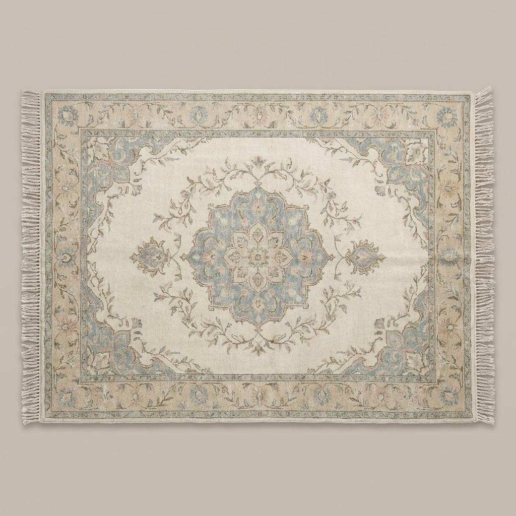 Persian style hand knotted rug featuring floral vines in blush, sage, and muted blue tones