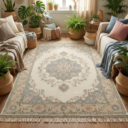 Elegant ivory hand knotted area rug styled in living room with classic floral pattern