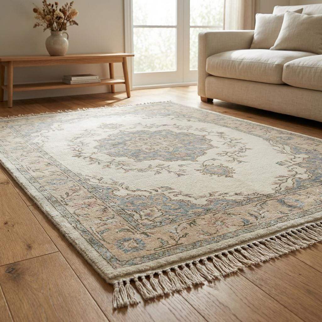 Hand Knotted Floral Wool Area Rug, Ivory Persian Style Home Decor