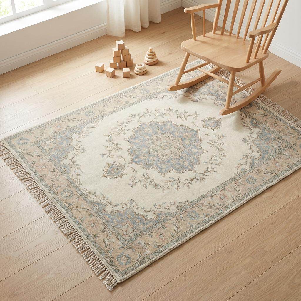 Handmade wool area rug with soft neutral palette for timeless home decor styling