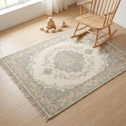 Handmade wool area rug with soft neutral palette for timeless home decor styling